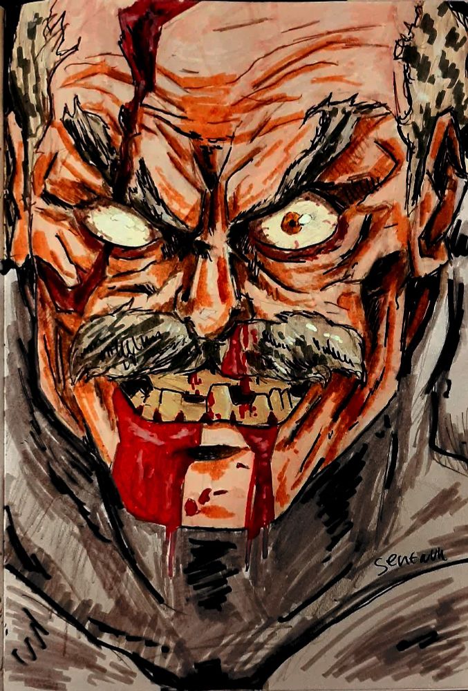 A portrait sketch of Conquest from Invincible. He has a crazed look on his face, blood dripping from his mouth and nose. 