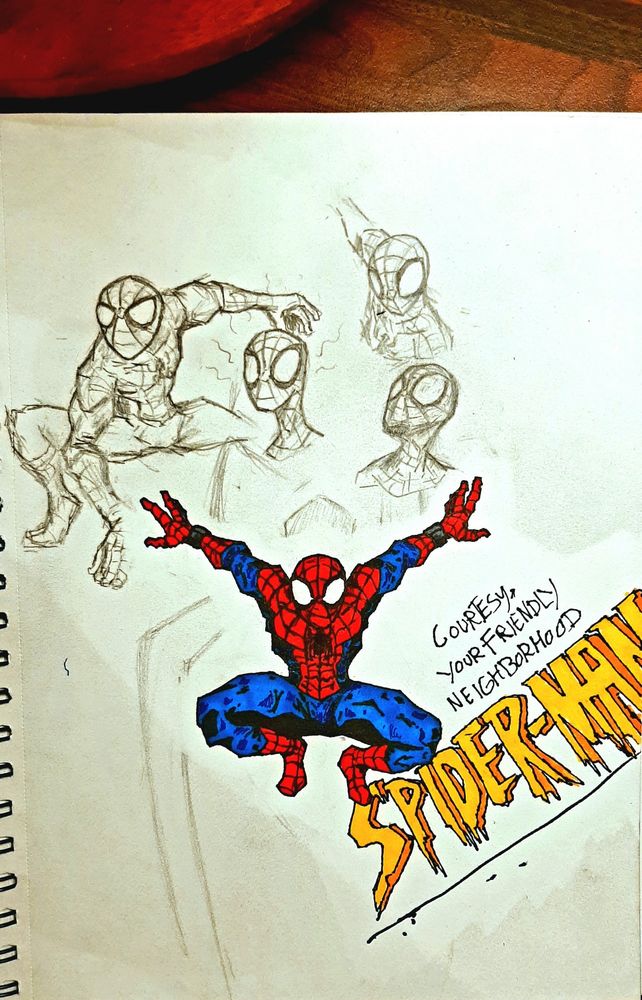 A sketch page of Spiderman. Sketched with a graphite pencil and colored/inked with markers.