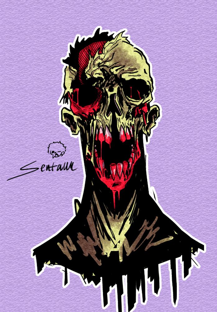 A zombie with the skin on his right eye and jaw ripped off. It drips blood from his mouth.