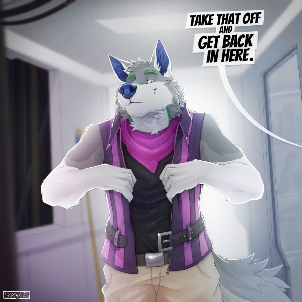 Cerolobo stealing Wolf O'Donnell's shirt and walking away down a spaceship corridor with it on.