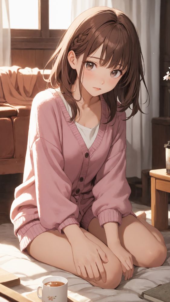 Soft morning light in a quiet room, anime girl with short brown hair in a loose pink cardigan kneeling on a rug, warm coffee beside her and a calm, just-woke-up mood.