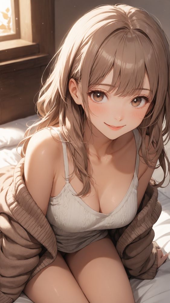 Soft Morning Light – A young woman with warm brown hair sits on a white bed near a wooden window, wearing a pale knit top and a cozy cardigan. Gentle morning sunlight touches her cheeks as she looks up with a relaxed smile, legs folded close, feeling the calm autumn air in the quiet minutes just after waking.