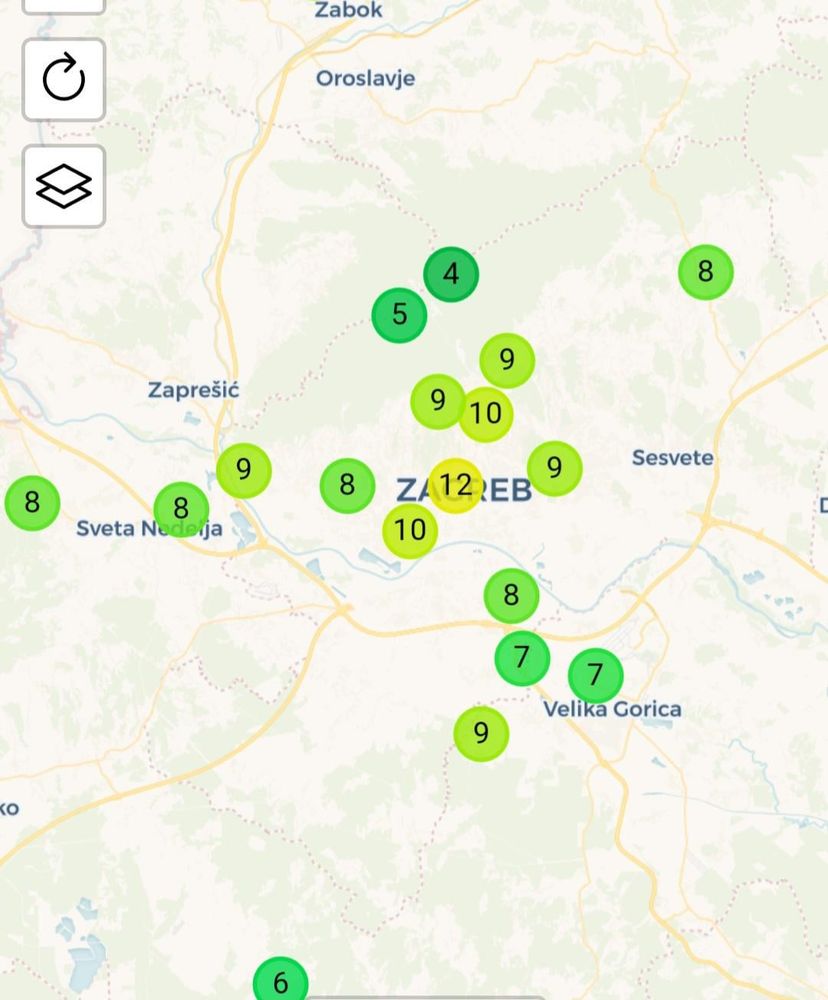 Ein weiteres Beispiel für eine Hitzeinsel: Das Zentrum von Zagreb hat 12°C, während Velika Gorica 7°C und Sveta Nedelja 8°C hat …