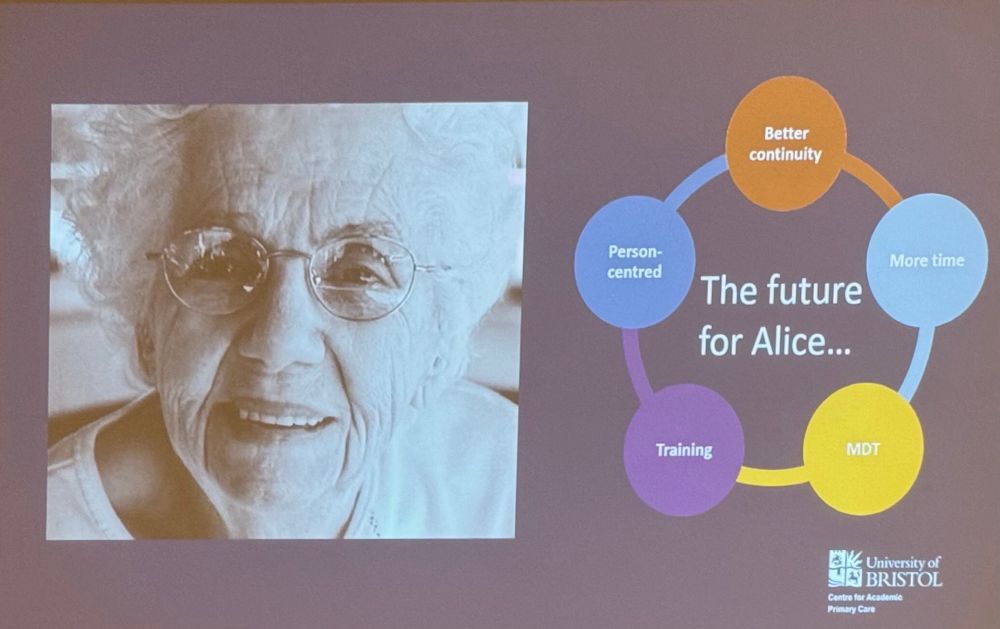 Final slide from Polly’s presentation, showing Alice, a housebound patient, and ways in which her care could have been better - better continuity, more time, MDT, training, patient-centred