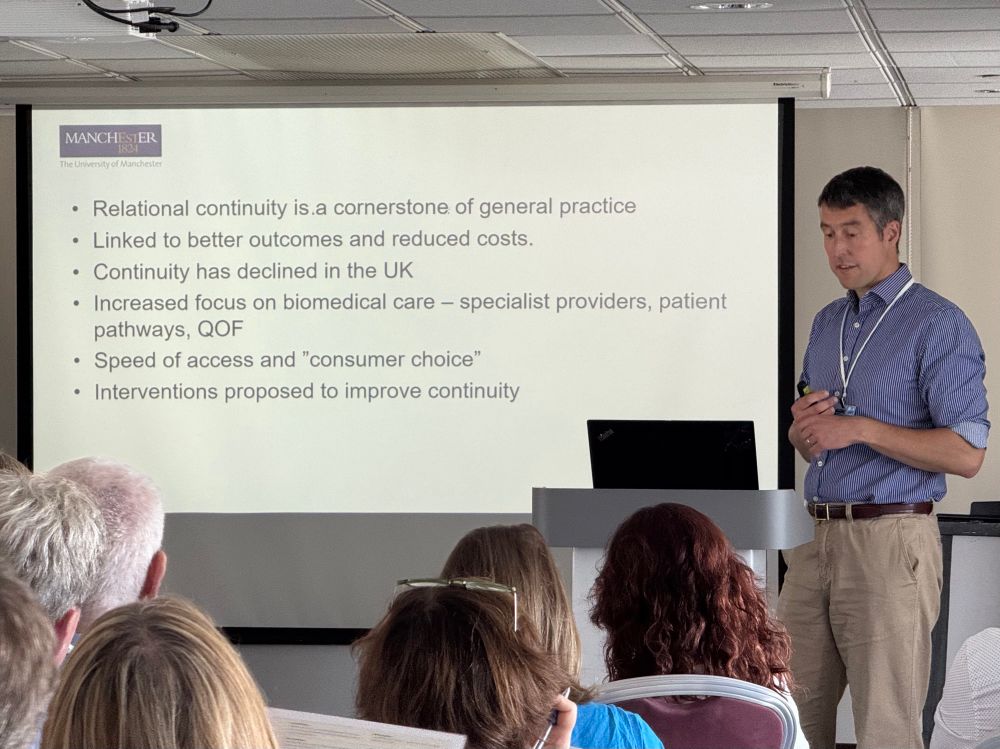 Patrick Burch presenting one of his opening slides - relational continuity is a cornerstone of general practice but has declined in the UK