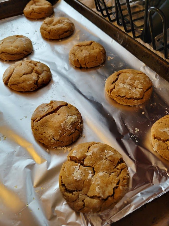 A baking sheet of soft gingerbread cookies dusted with powdered sugar