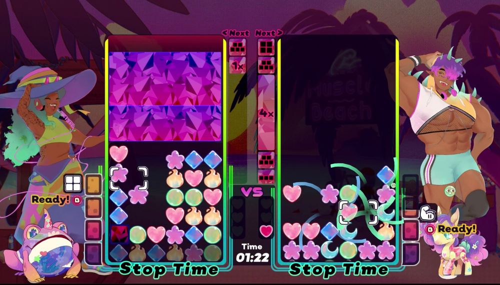 Screencap of the 2P VS mode in the match-3 game spirit swap: lofi beats to match-3 to. It shows a game between Samar and Iskandar!