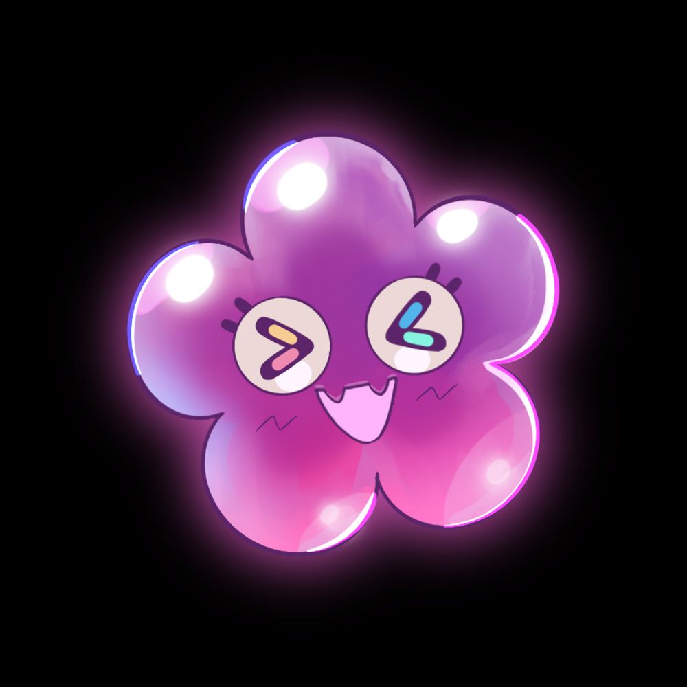 The pink flower shaped spirit from the game spirit swap, its eyes are closed and its mouth wide open, happy.