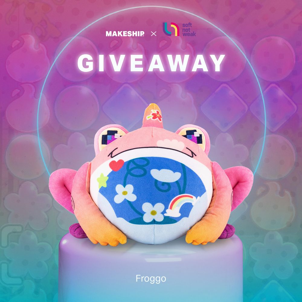 An image of the plushie Froggo, a pink smiling frog with pixelated eyesand water and plants inside his belly. The graphic says "GIVEAWAY" in big bold letters.