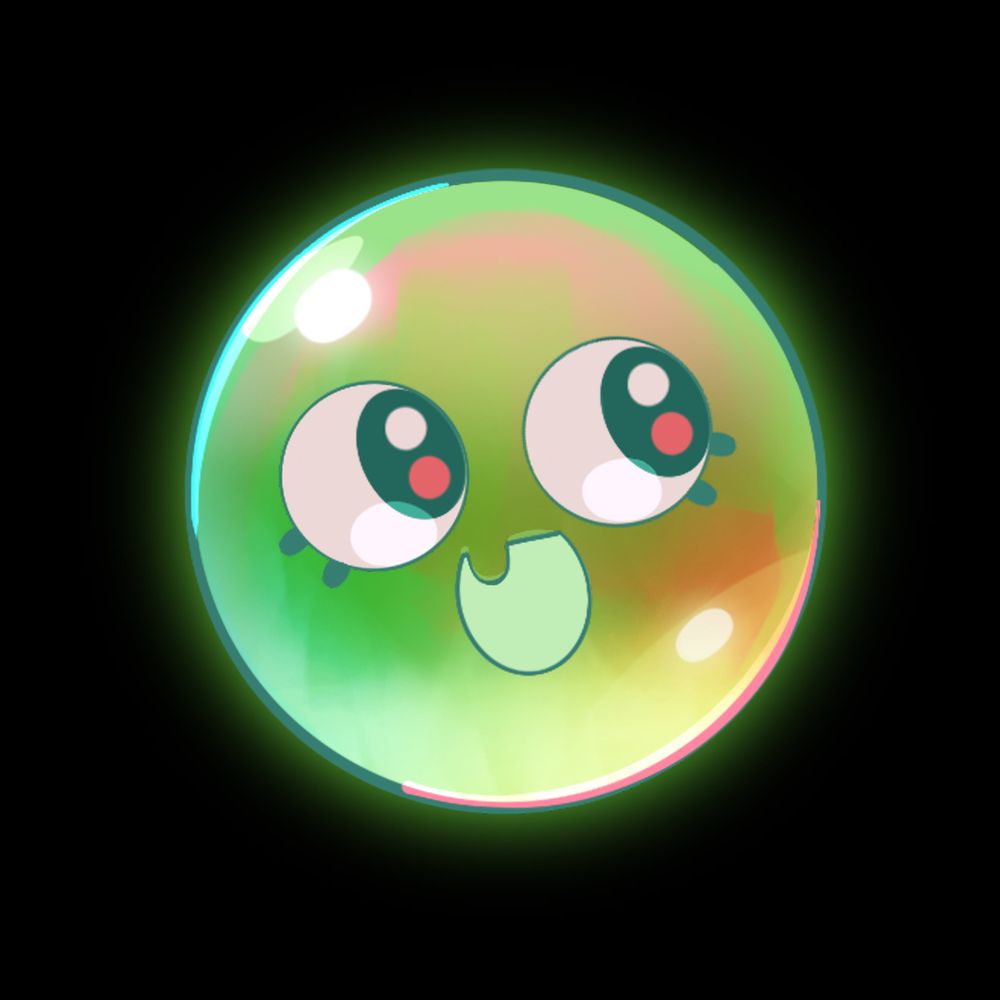 The green round spirit from the game spirit swap, it looks to the side with its mouth wide open, happy.