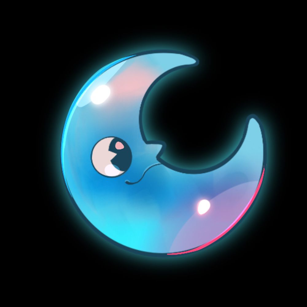 The blue moon shaped spirit from the game spirit swap, it looks to the side with a smile.