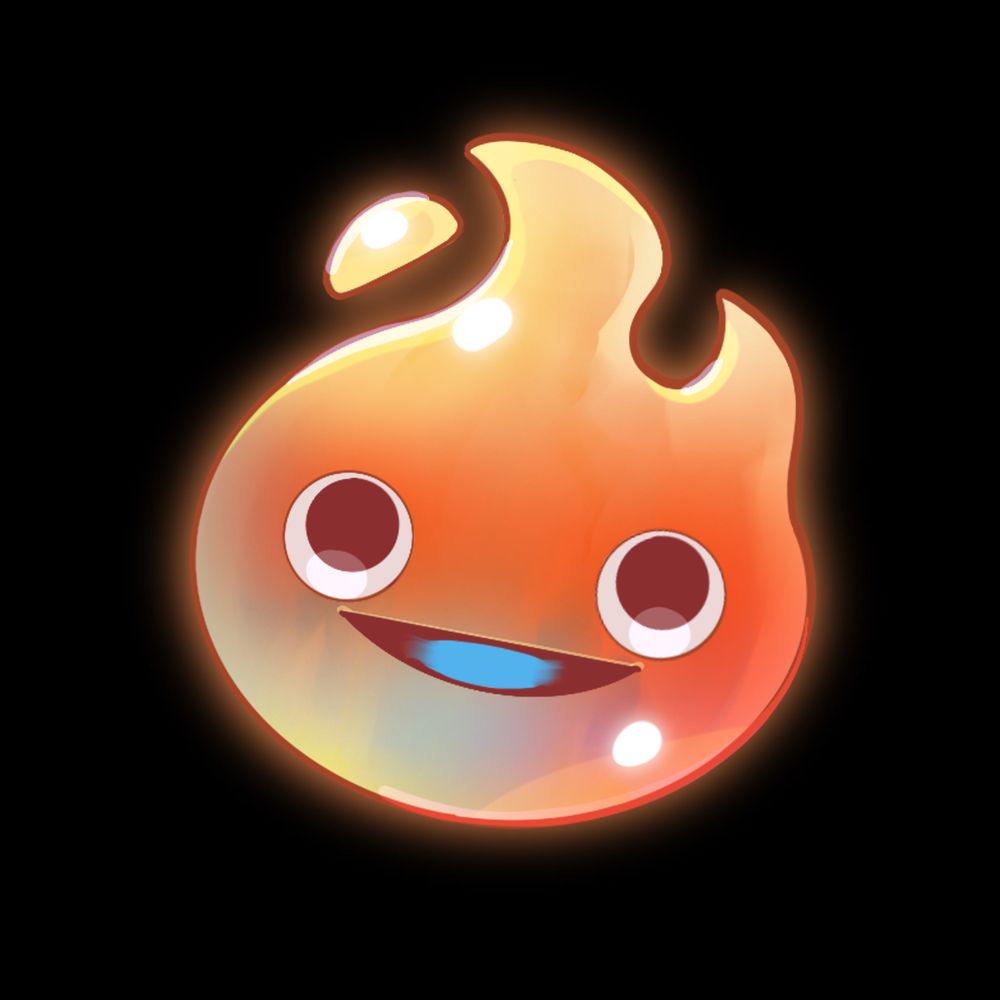 The orange flame spirit from the game spirit swap, it looks up to you with its mouth wide open, happy.
