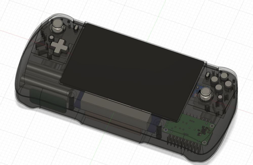 A screenshot of a CAD design for a handheld gaming PC. It has a 7 inch LCD screen, two analog sticks, a DPAD, four buttons but they are unlabeled, and two additional buttons on each side (not clear from the picture but these will be start, select, power, and turbo). The case is slightly curved and rendered here at 50% opacity, revealing interior components like PCBs and battery cells.