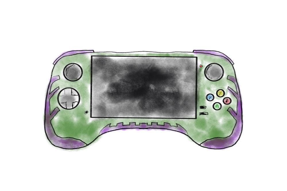 A hand-drawn digital sketch of a handheld games console. It features a large central screen, left and right analog sticks, a DPAD, and XBox style ABXY buttons. It is shaded green with purple trim, include two visible purple shoulder buttons.