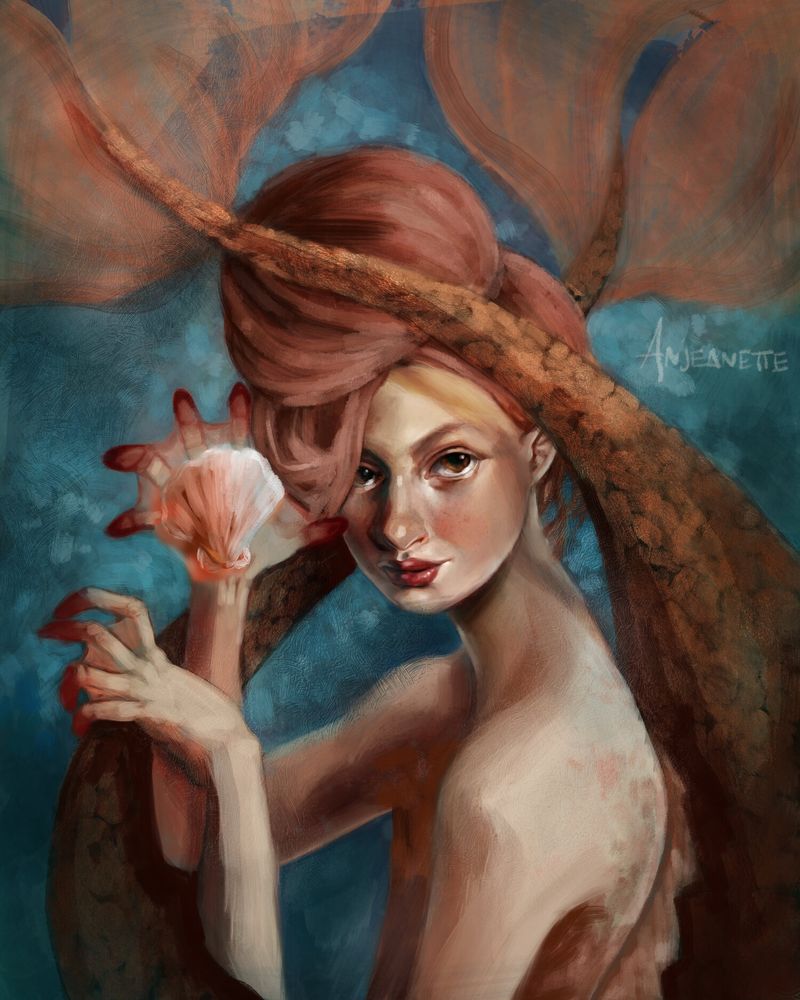 Mermaid by Book cover artist anjeanette ridner hoer sweet and pretty appearing mermaid with light red hair is not what she appears to be  artistanjeanette@gmail.com