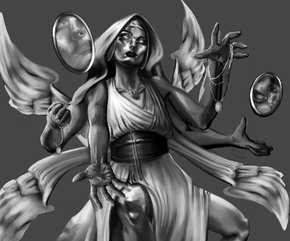 Anjeanette Ridner Hoer artist illustrator Eoghan Odom Possession RPG mirror woman illustration of a possibly religious woman made of reflective skin holding amulets containing spirits and power

Anjeanetteartist.com
Artistanjeanette@gmail.com