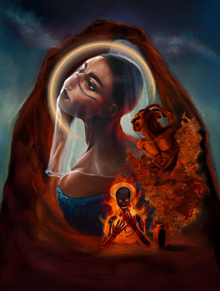 Possession splash page art for @EoghanOdom rpg woman with veil surrounded by the temple of a rock bridge formation and dust demons and shadows of death