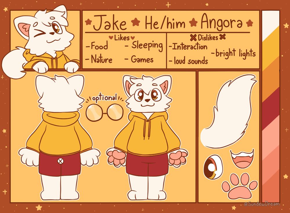 An orange reference sheet for a fluffy anthro Angora cat named Jake. He's a bit chubby with orange eyes. He likes food, nature, sleeping and Games. He dislikes Interaction, bright lights and loud sounds.