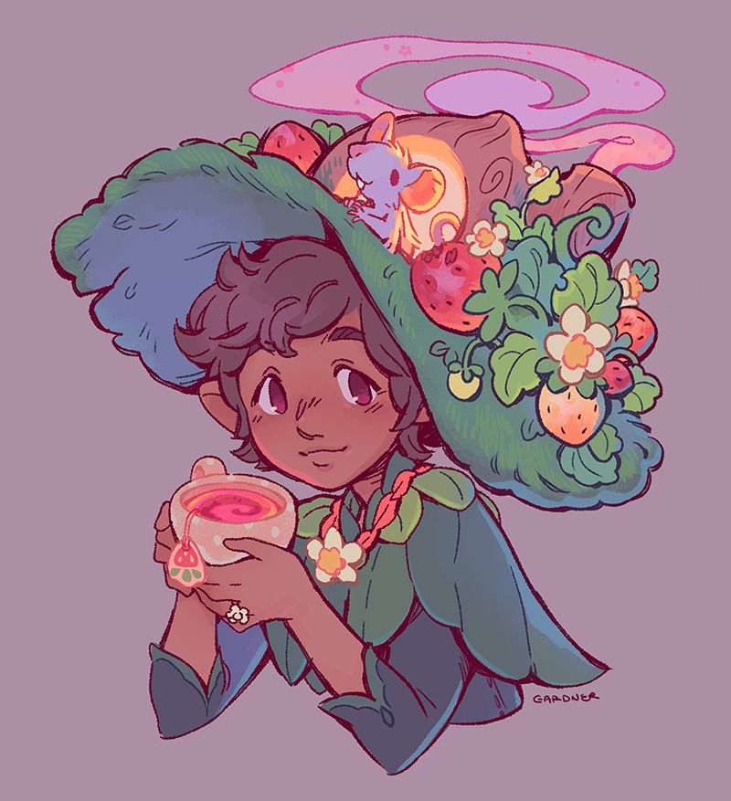 A bust drawing of a witch who wears a large mossy witch hat with an oversized acorn teapot house at the top. A small white mouse is sitting in the opening of the teacorn house. The hat is also growing a bed of strawberries, and the witch is holding a mug of strawberry tea. 