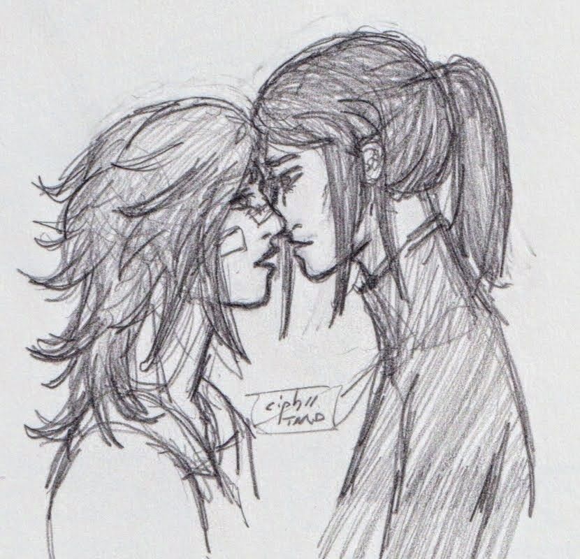 a profile bust sketch of Caitlyn and Vi facing each other, looking each other in the eye, about to kiss.