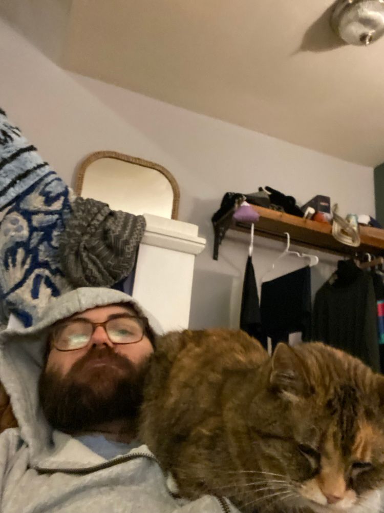 A picture of a bearded man in a hoodie reclined on a couch with an orange and brown torbie cat sitting on his torso 