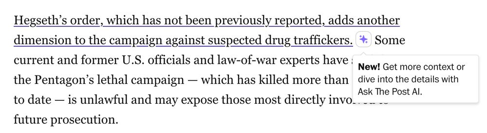 Screenshot of a WaPo article where it asks if you want to ask the Post AI helper. 