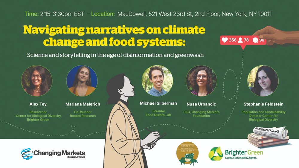 Promotional graphic for an event titled 'Navigating narratives on climate change and food systems' hosted by Changing Markets and Brighter Green. The event schedule is from 2:15-3:30 PM EST at MacDowell, located at 521 West 23rd St, 2nd Floor, New York, NY 10011. Featured speakers include Alex Rey, Mariana Münich, Michael Siberman, Nusa Urbanic, and Stephanie Feldstein, with their photos and affiliations displayed. Icons for likes and comments are also shown.