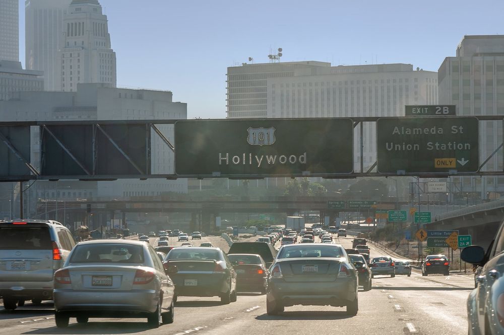 Image of cars in traffic on a Los Angeles highway. 