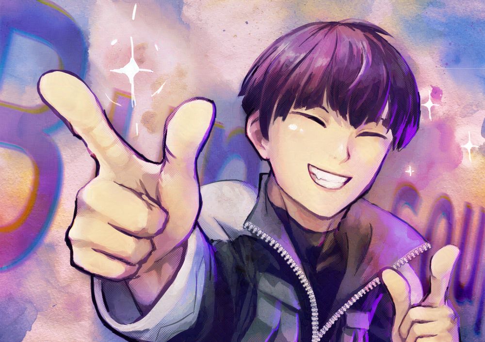 Hoshina Soshiro pointing at viewers with tacky sparkly background with  huge buncisoup watermark on it
Artwork by Buncisoup.