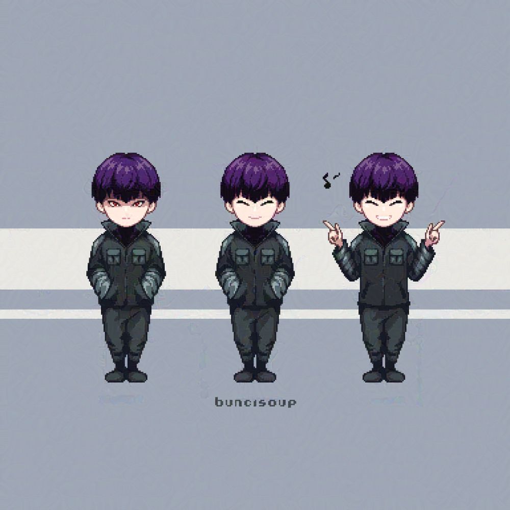 3 pixel art sprites of Hoshina Soshiro in 3 moods. A serious open-eyed Hoshina, a default Hoshina, and a playful grinning Hoshina with his signature finger guns. Pixel art by Buncisoup.

Made a while back as a shimeji-to-be but eh... I figured isometric perspective might be better. Now I have multiple Hoshina sprites in different resolutions 💀🥰
Did I mention I love Hoshina?