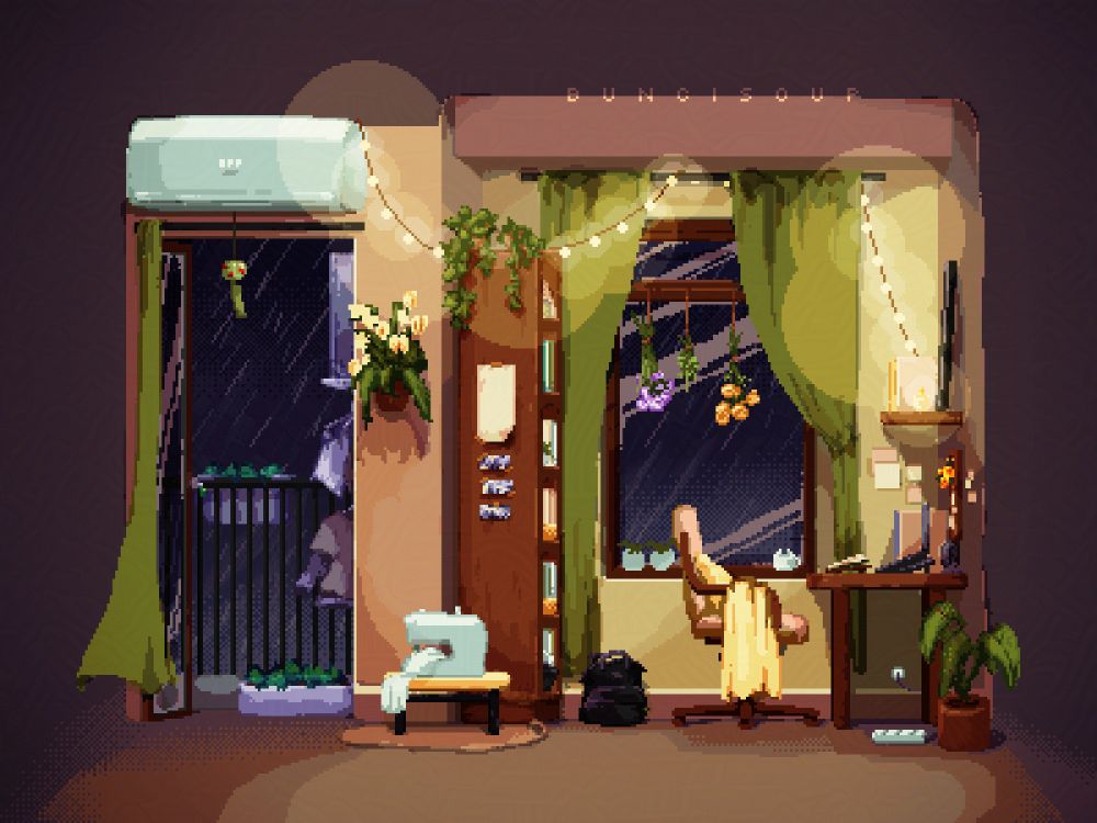 A room... with a window and a balcony. It's nighttime and raining outside—don't worry about the laundry hanging outside, they're not going to get wet. The room is quite dim and cozy, with hanging fairy lights over the bookshelf. You can work on the desk by the window. The desk and the bookshelf create a nice working nook—if only the window lets you open it, then the area won't be as hot during the day. There is an AC unit over the balcony door but I think the fan on the table is nicer, so you can smell the petrichor from outside when it's raining. Besides, if you open the door, the wind might jingles the wind chime hung under the AC unit once in a while.

The plants? Oh, they're fake.
Close the curtain? I mean... sure, but it won't be as aesthetic!

Yes, it's my room. But overfantasized.

Pixel art by Buncisoup.