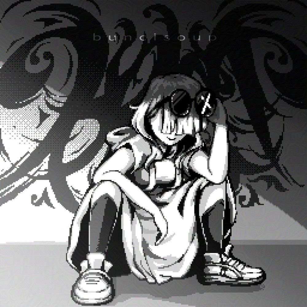 Buncisoup's OC/sona sitting/squatting on the ground under a shade. Raising her sunglasses as if to stare at the viewers, even though her eyes aren't even visible through the curtain of her bangs under the sunglasses.
There is a graffiti on the wall behind her. Practically ineligible but it's supposed to say buncisoup. Initially planned as watermark but what kind of watermark it is if it can't be read 🥲
Pixel art by Buncisoup.
