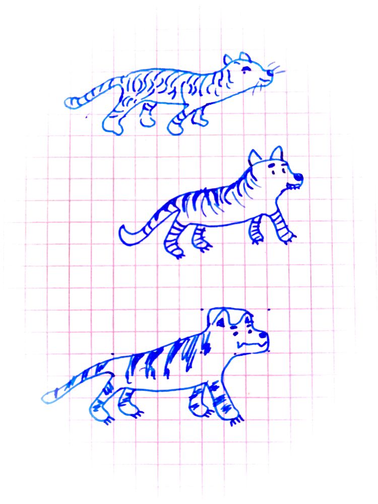 Füllerzeichnung: drei süße Tiger auf kariertem Papier 