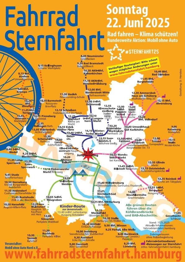 Fahrplan mit einer Karte von Hamburg der Fahrradsternfahrt in Hamburg am Sonntag 22. Juni 2025. Unten steht ein Verweis auf der Website www.fahrradsternfahrt.hamburg. Das Design ist größtenteils orange 