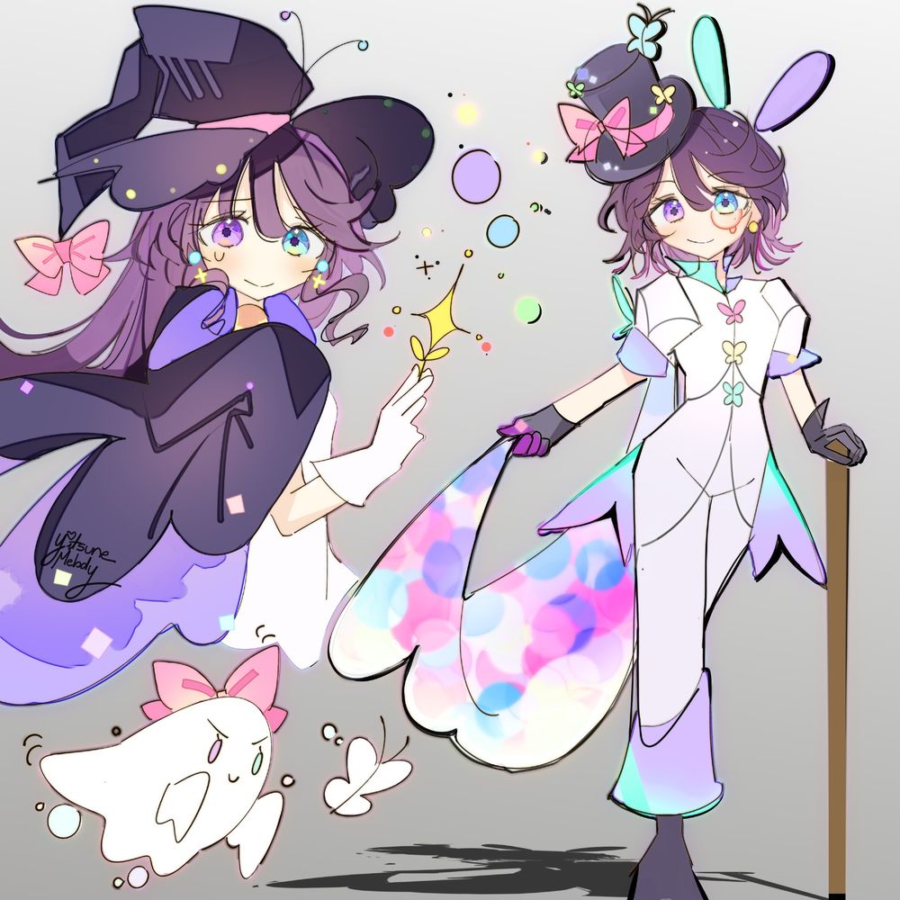 Digital art drawings of my OC, Melody. She is a butterfly magical girl. In this image, both counterparts; short and long hair are present. Long-hair Melody is wearing a witch/wizard type of outfit. Witch hat and over-sized black and purple cape, with a white dress and gloves. Short-haired Melody is sporting a more whimsical design. She has a top-hat, monocle, cane, and is in a white suit with a butterfly cape. Mad Magician or Mad Hatter party design. There is also Melody as a little ghost chasing a butterfly in the picture.