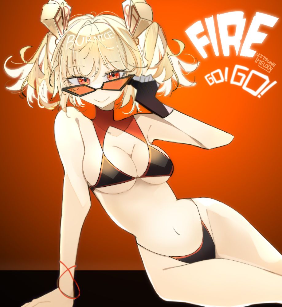 Digital art drawing commission for an anonymous, featuring Burnice White from Hoyoverse/Mihoyo game, Zenless Zone Zero. Leaning, or sitting on her side, Burnice is wearing a bikini. She is pulling down her glasses to reveal the eyes. The name, "BURNICE" is capitalized and used for hair highlights. The handwritten text, "FIRE, GO! GO!" is also present in the red background.

This RKGK (rakugaki) VGen comm looks like an illustration. It is however, still rough in areas zoomed in due to time limit. The artist was given wide creative freedom, being that, "draw any female character in a micro bikini".

Other key mentions: バーニス・ホワイト / イラスト / digitalart