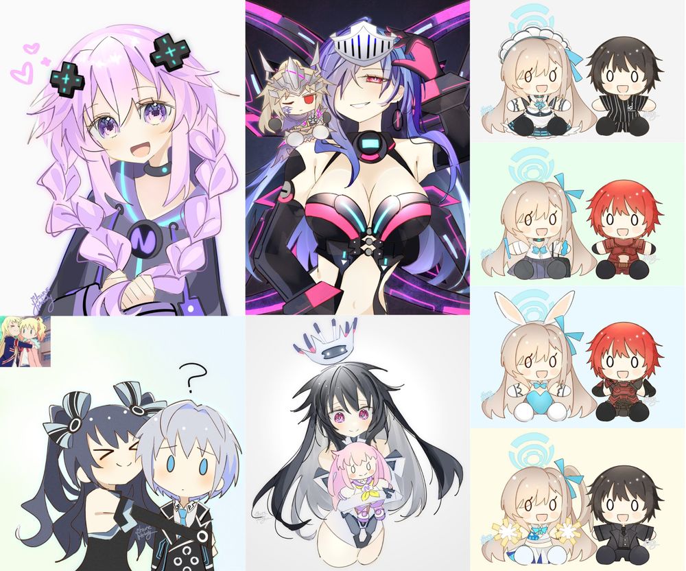 digital art May summary! featuring VGen commissions of Iris Heart with F-Sha plushie, Blue Archive Asuna and OC as Nepugurumi plush and personal Nep One Draws fanart of Adult Nep in braids, Grey Sister hugging a Nepgear Plush and Uni appreciating Kei!