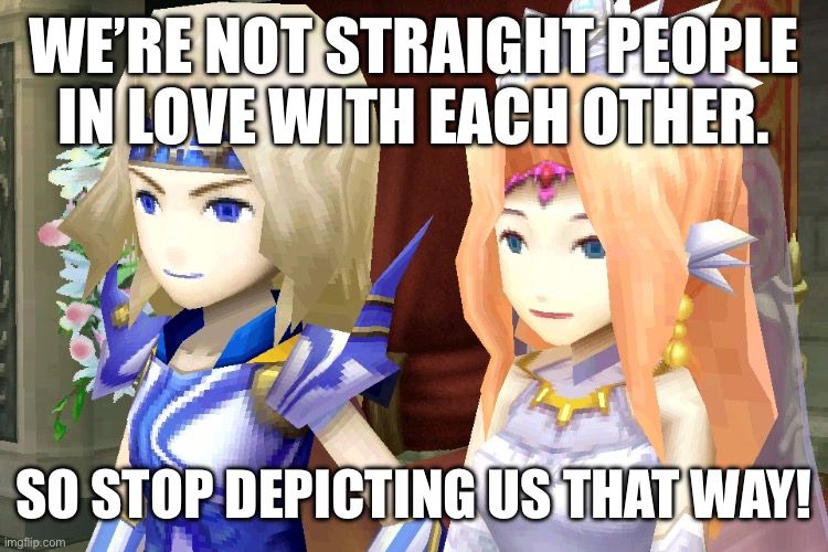 Cecil and Rosa (Final Fantasy IV) with the text “We’re not straight people in love with each other. So stop depicting us that way!”