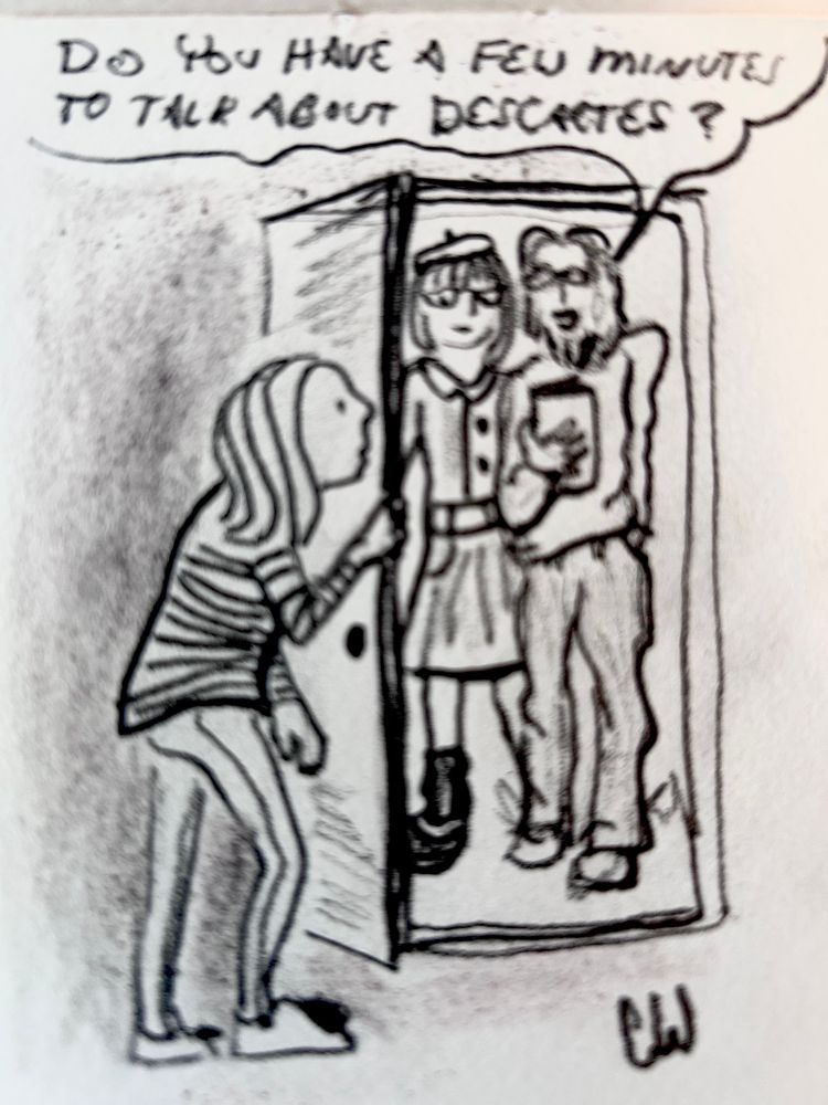Woman opening door to two academic sorts who ask: “Do you have a few minutes to talk about Descartes?”