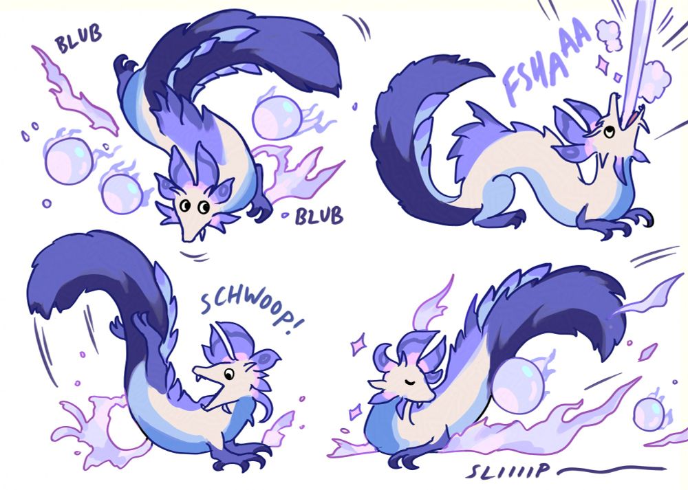 Four illustrations of Violet Mizutsune from the Monster Hunter Series. They are drawn as though they are the popular toy known as worms on a string. 