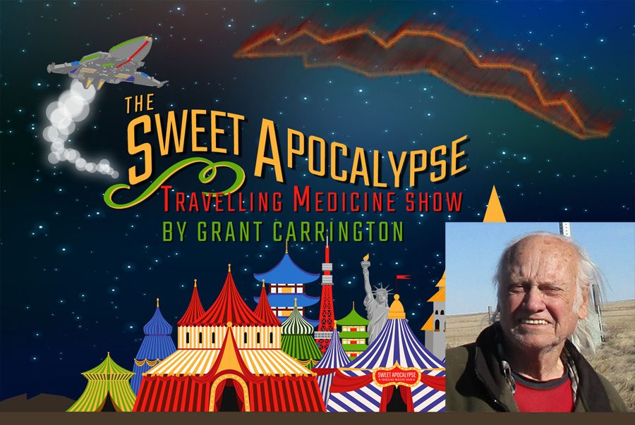 Graphic illustration for Grant Carrington’s short story “The Sweet Apocalypse Traveling Medicine Show.”  Includes a picture of Grant.