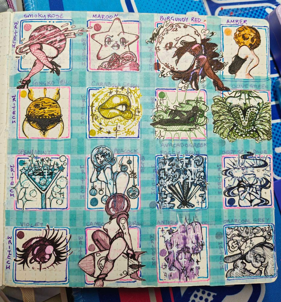 4 x 4 squares with drawings following a theme of galactic burlesque