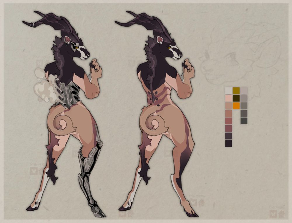 An anthropomorphic Oryx design I have up for auction. Two versions are shown; one with steampunk/cyborg accessories, and the other without.