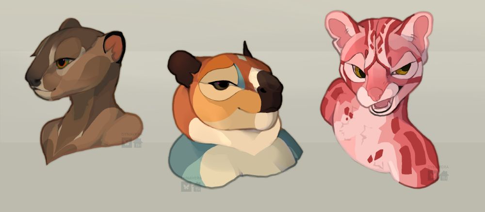 A naturally colored Jaguarundi, posed next to an orange and teal Capybara, and lastly a strawberry themed Fishing Cat, with a large grin on their face. #adopt #adoptable #adopts #ota