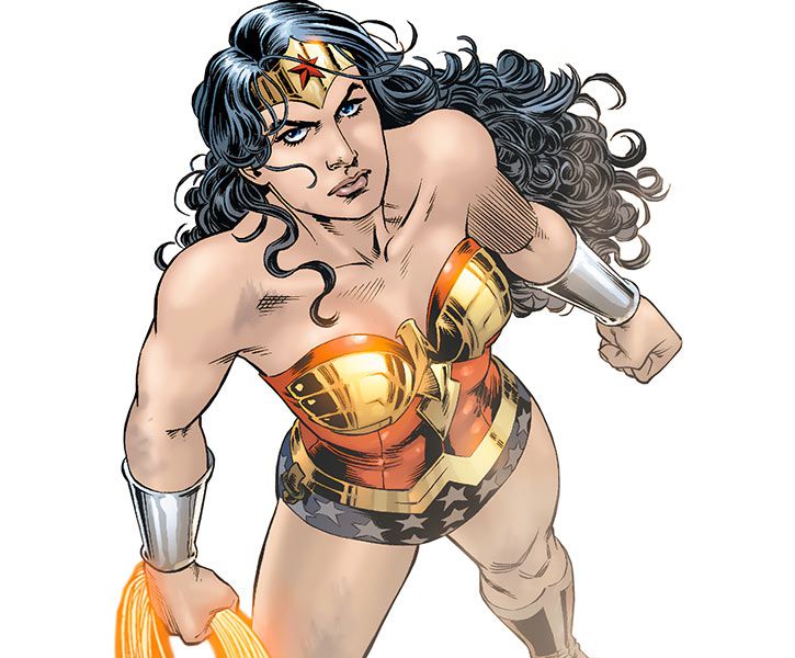 Gorgeous Nicola Scott 2010 art of Wonder Woman, with background removed to focus on the character. She's seen from a high angle, looking up defiantly as she's clearly about to choose violence. Diana's features are more Mediterranean than in most takes, her costume is cut in a more practical way, and she's clearly using the best shampoo in the universe.