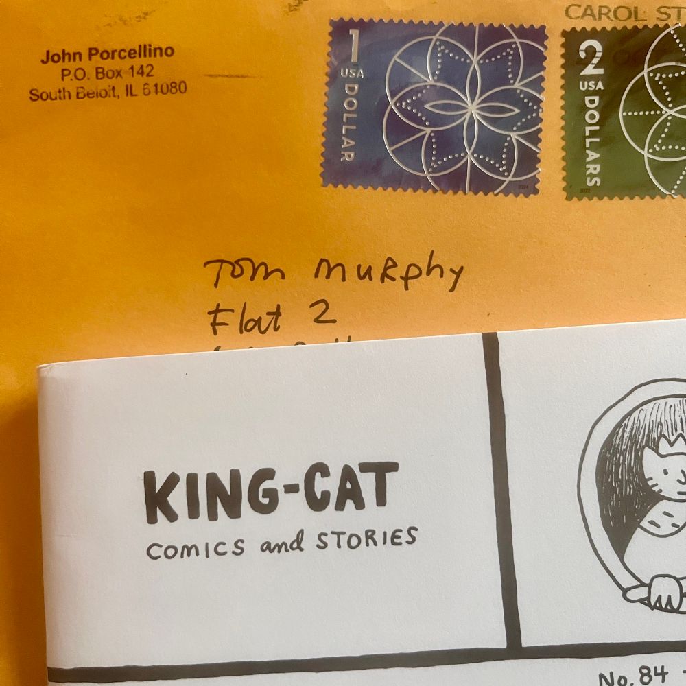 The latest copy of John Porcellino’s King Cat Comics and Stories, with the handwritten envelope it came in