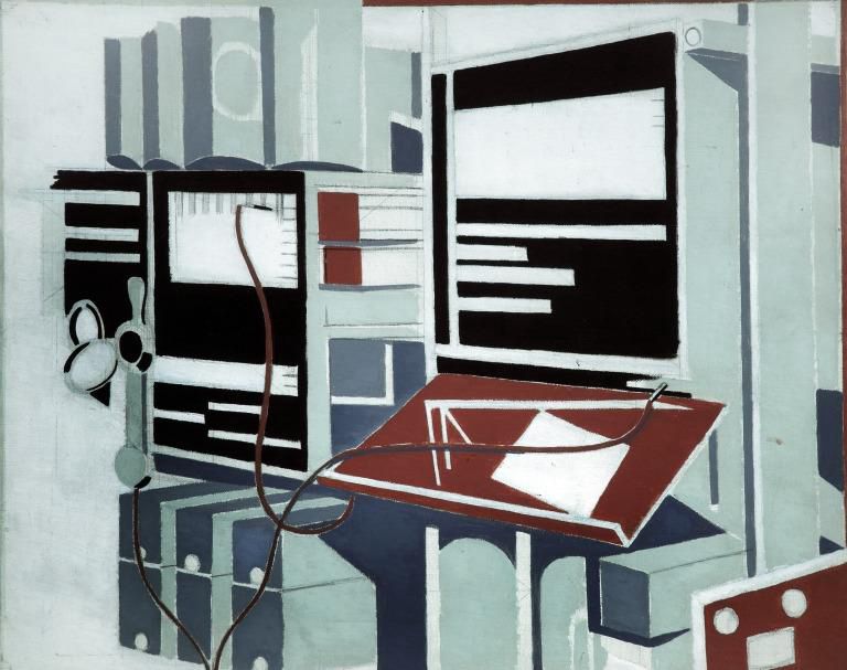This painting was made for the Post Office, who wanted to advertise their new automatic telephone exchange. Nash has simplified the complicated machine. He has reduced it to geometric shapes and used only a few colours.