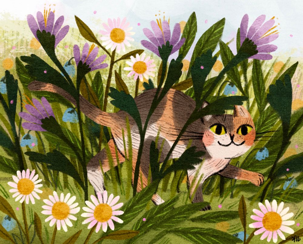 An orange, white and brown cat prancing through grasses, leaves and flowers in bloom. The cat has yellow eyes and a smile. The flowers are white, yellow, purple and blue. 