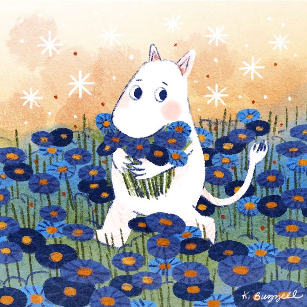 Illustration of Moomin troll in a field of blue flowers