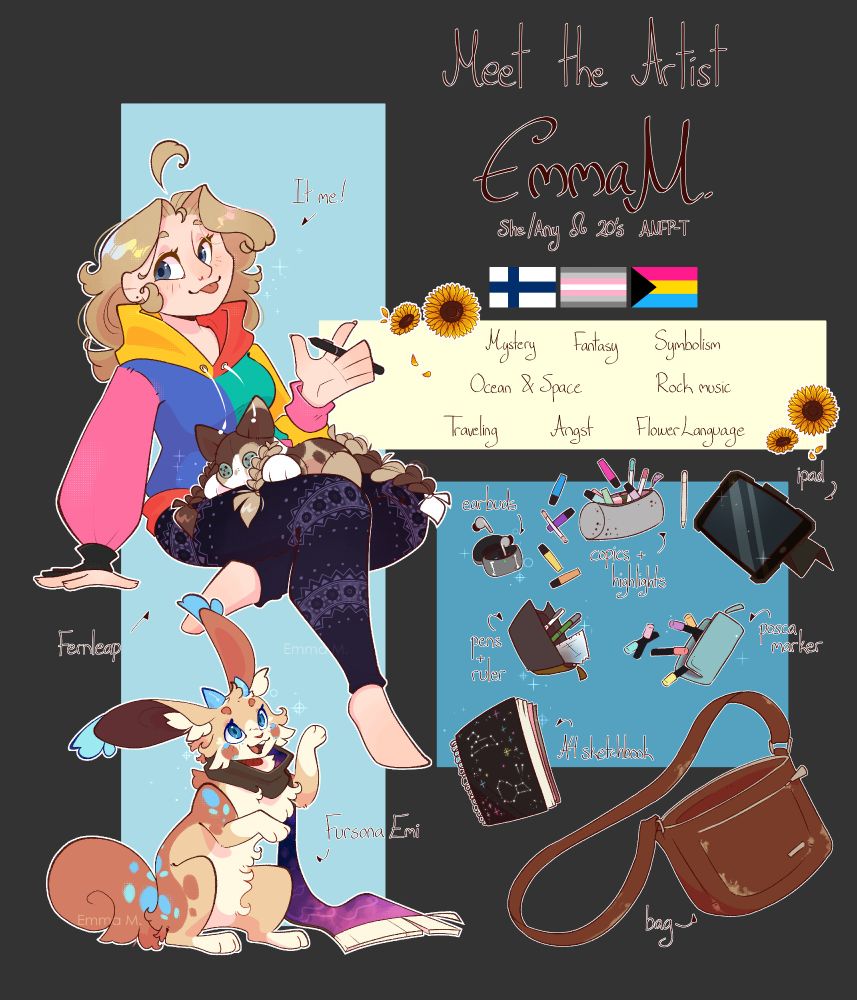 An illustration depicting the artist's persona with a cat plush in the lap, as well as the artist's fursona. Next to them are boxes and text detailing some fun information about the artist as well as their usual carry-on inventory.